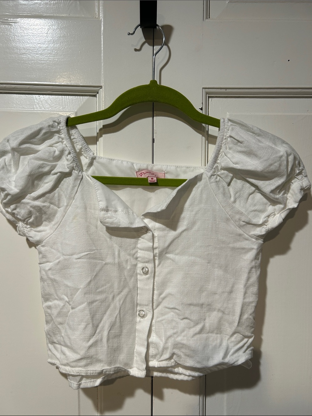 Lined White Puff Sleeve Button-Front Girls' Top